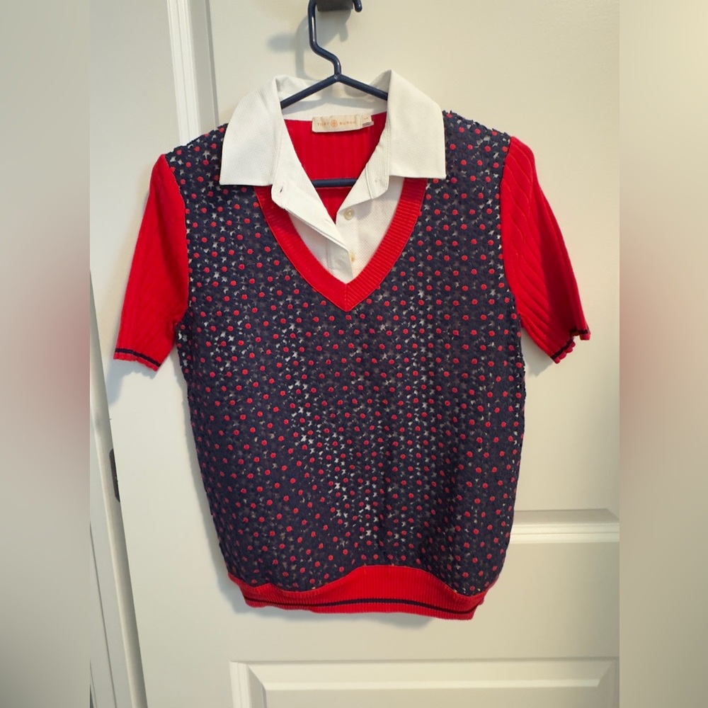 Tory Burch Short Sleeve Sweater With Dickey Collar.  Size Small.
